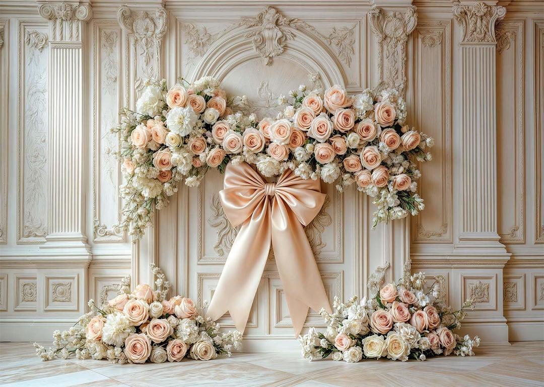 10x8ft Bow Birthday Decorations Backdrop Flower Floral Bow Luxurious European Classical Style Decor Romantic Wedding Party for Girls Woman Birthday Bridal Photo Banner Booth (Beige)