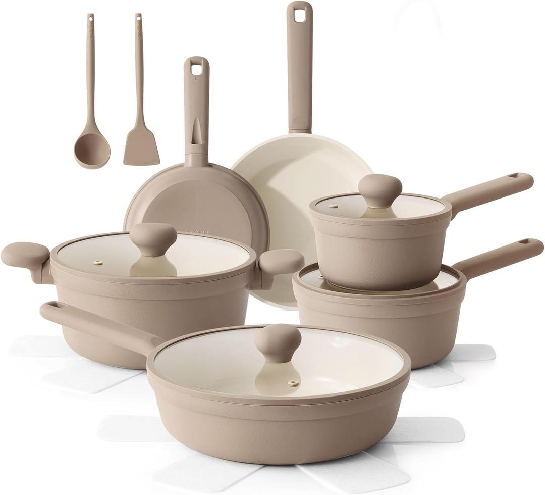 SENSARTE Ceramic Nonstick Pots and Pans Set 17pcs, Healthy Induction Cookware Set, Nontoxic Kitchen Cooking Set with Skillets & Saucepans, Stay-cool Handles, PFAS PTFE PFOA PFOS Free,Taupe (Almond Beige)