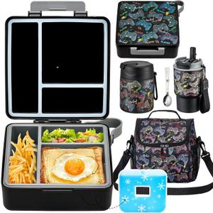 Lunch Box Set with Bento Box Container, 17OZ Stainless Steel Food Soup Thermo, Kids Water Bottle & Portable Insulated Lunch Bag  Leakproof, Hot/Cold Retention for School, Travel (Black-Game)