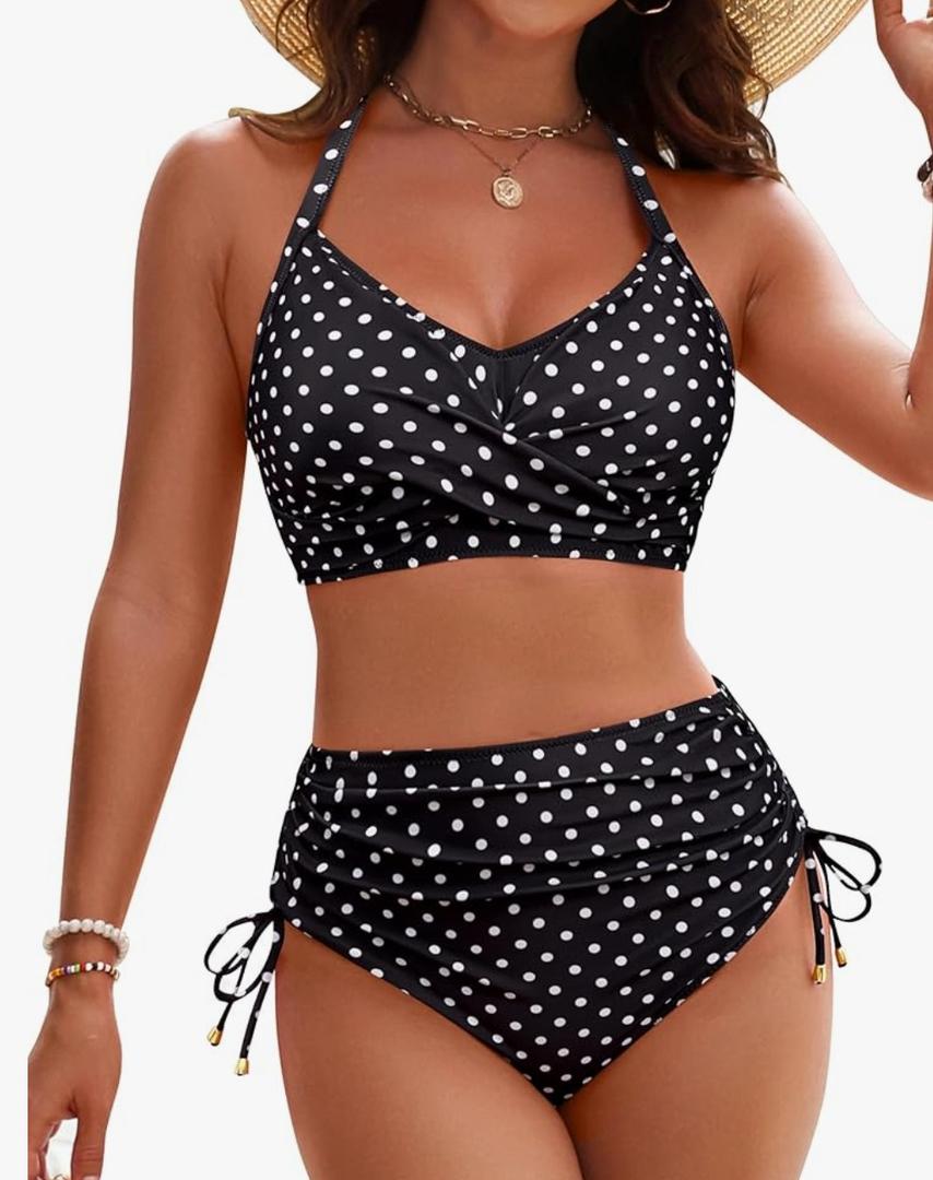 Blooming Jelly Womens High Waisted Bikini Sets Drawstring Tummy Control Swimsuits Crisscross Tie Back Bathing Suit, Large 