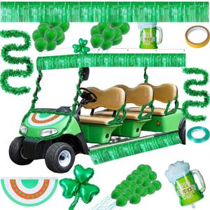 St. Patrick's Day Golf Cart Decoration Kit with Clover Balloon Fan-Shaped Flag Green Tassel Curtains Wine Glass Garlands Green Ribbon Double-Sided Tape for Golf Cart Irish Parade Float Party Decor