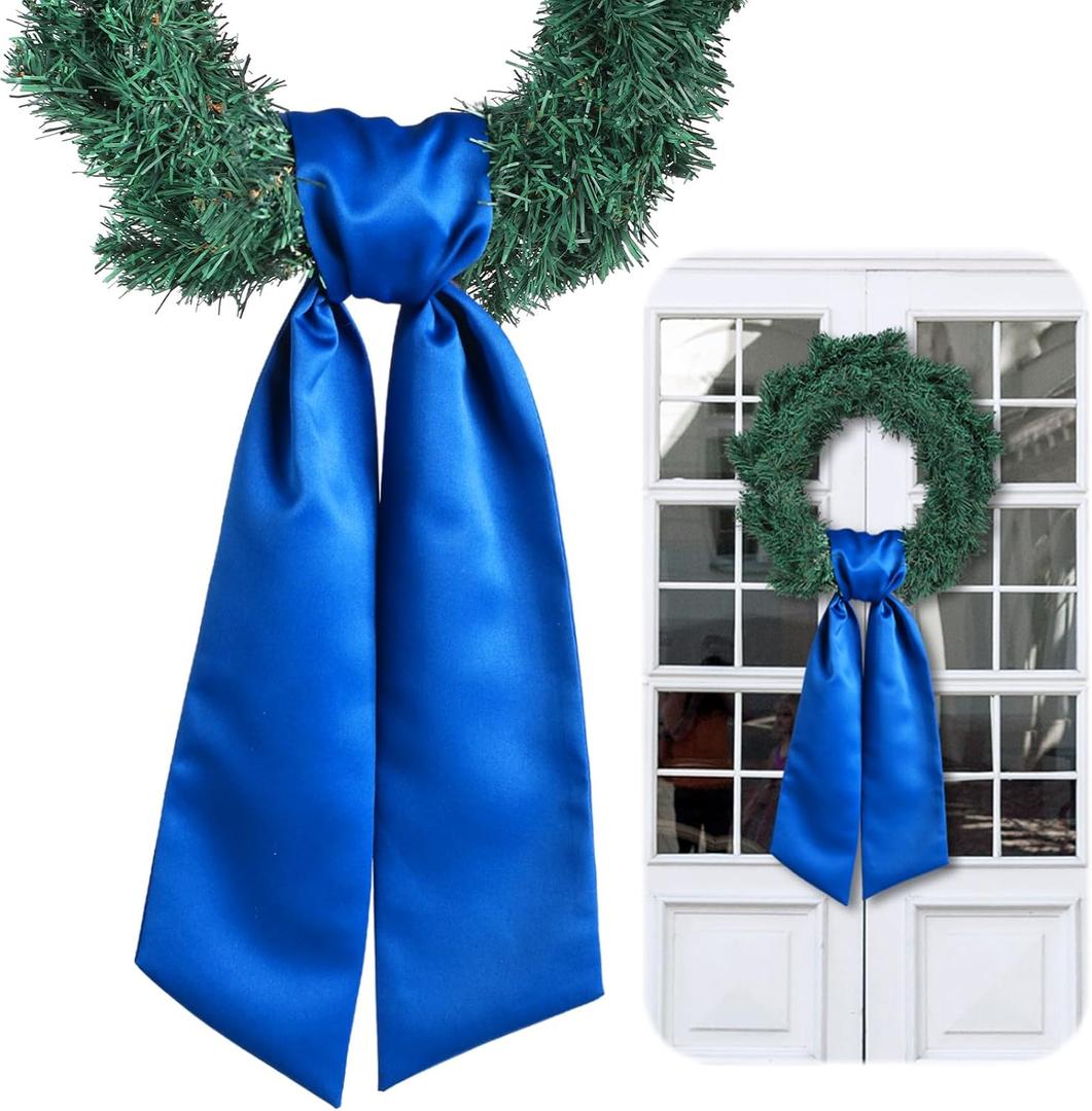 VitalCozy Wreath Sash for Front Door Blank Satin Wreath Sash for Embroidery Monogram Plain Wreath Sash Wreath Accessories for Xmas Party Yard Doorway Indoor Outdoor Wall (4.5'' X 56'', Blue)