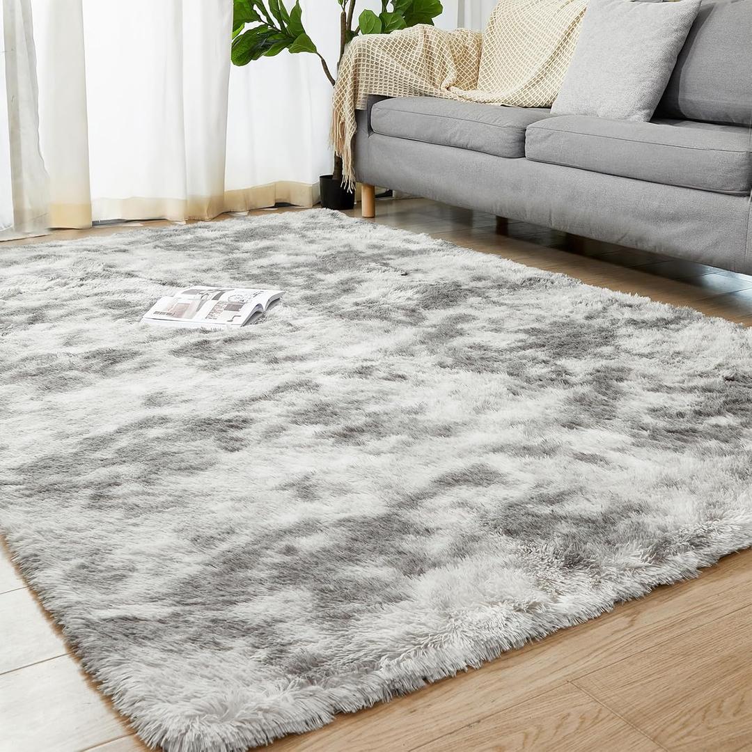8x10 Area Rugs for Living Room, Indoor Large Shaggy Rugs for Bedroom, Anti-Slip Fluffy Shag Rugs Fuzzy Furry Plush Rugs for Kids Girls Room Decor, Tie-Dyed Light Grey