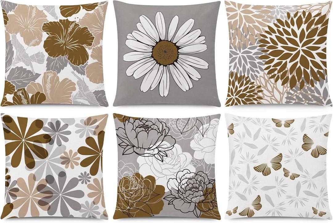COMMINY Brown Grey Pillow Covers 18x18 Set of 6 Decorative Daisy Flower Throw Pillow Cover for Couch Modern Coffee Pillow Case for Patio Living Room Cushion Bed Farmhouse Home Decor