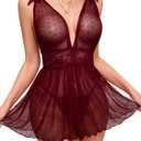 Lilosy Sexy Polka Dots Mesh Sheer Lace Babydoll Chemise Lingerie Set Floral Sleep Wear (Burgundy Red, XL)