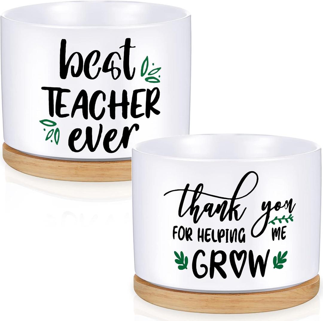 Newtay 2 Pcs Teachers Appreciation Gift Thank You for Helping Me Grow Gifts Ceramic Succulent Pots Graduation White Flower Teacher Planter Pot with Bamboo Tray Succulent Accessories