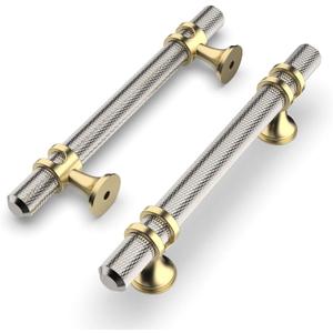 Amerdeco 10 Pack Knurled Brushed Satin Nickel Cabinet Pulls 5 Inch Length (3 Inch Hole Center) Kitchen Cabinet Handles for Drawer Dresser, Cupboard and Wardrobe ZH0025 (3"/76MM Hole Center, Nickel+gold)