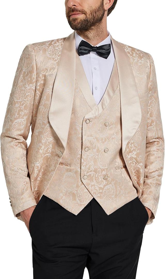 YND Men's 3 Piece Floral Suit Set, Shawl Lapel Paisley Tuxedo, Blazer Vest and Pants, for Party Prom Wedding (Medium, Light Beige)