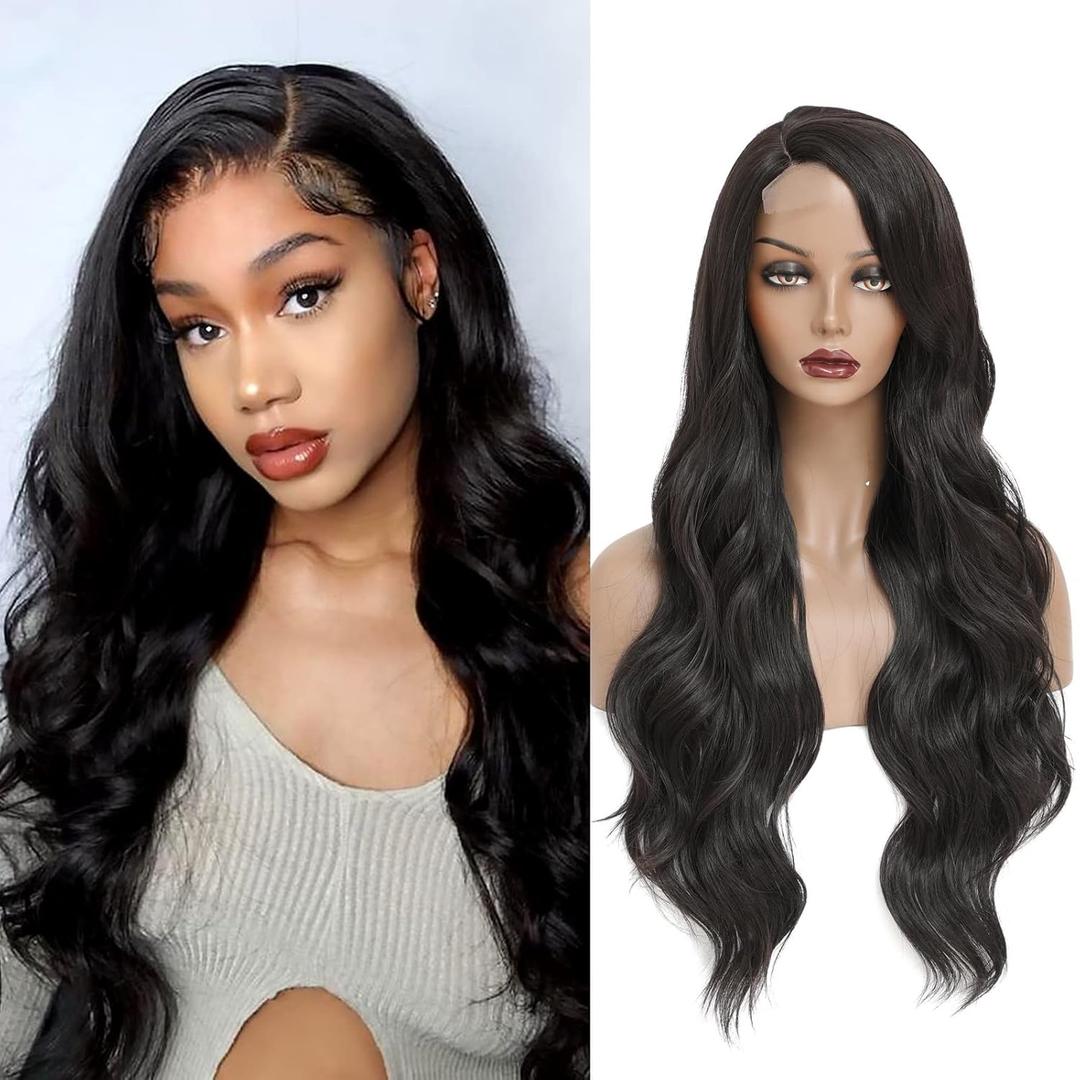 YOROSTAR Long Black Wavy Wigs for Women - 28inch Synthetic Side Part Body Wave Wig, Natural Looking Heat Resistant Hair for Daily Party UseDaily Party Halloween Cosplay Use(Black)