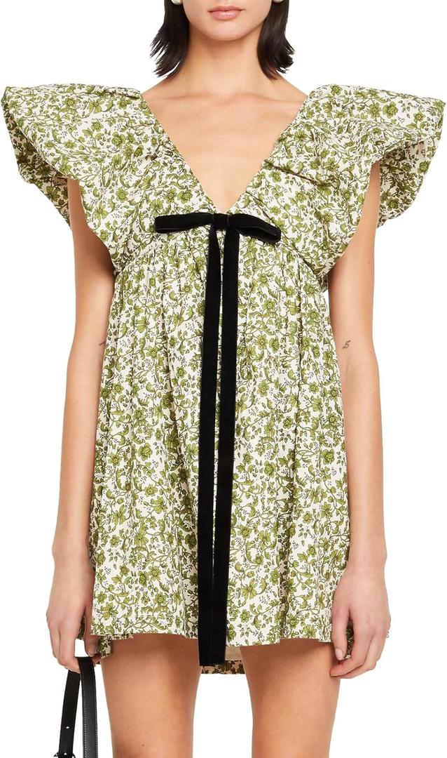 hibshaby Women's Floral Print Mini Dress V Neck Puff Sleeve Dress Short Babydoll Bow Dress (Large, Printed Green)