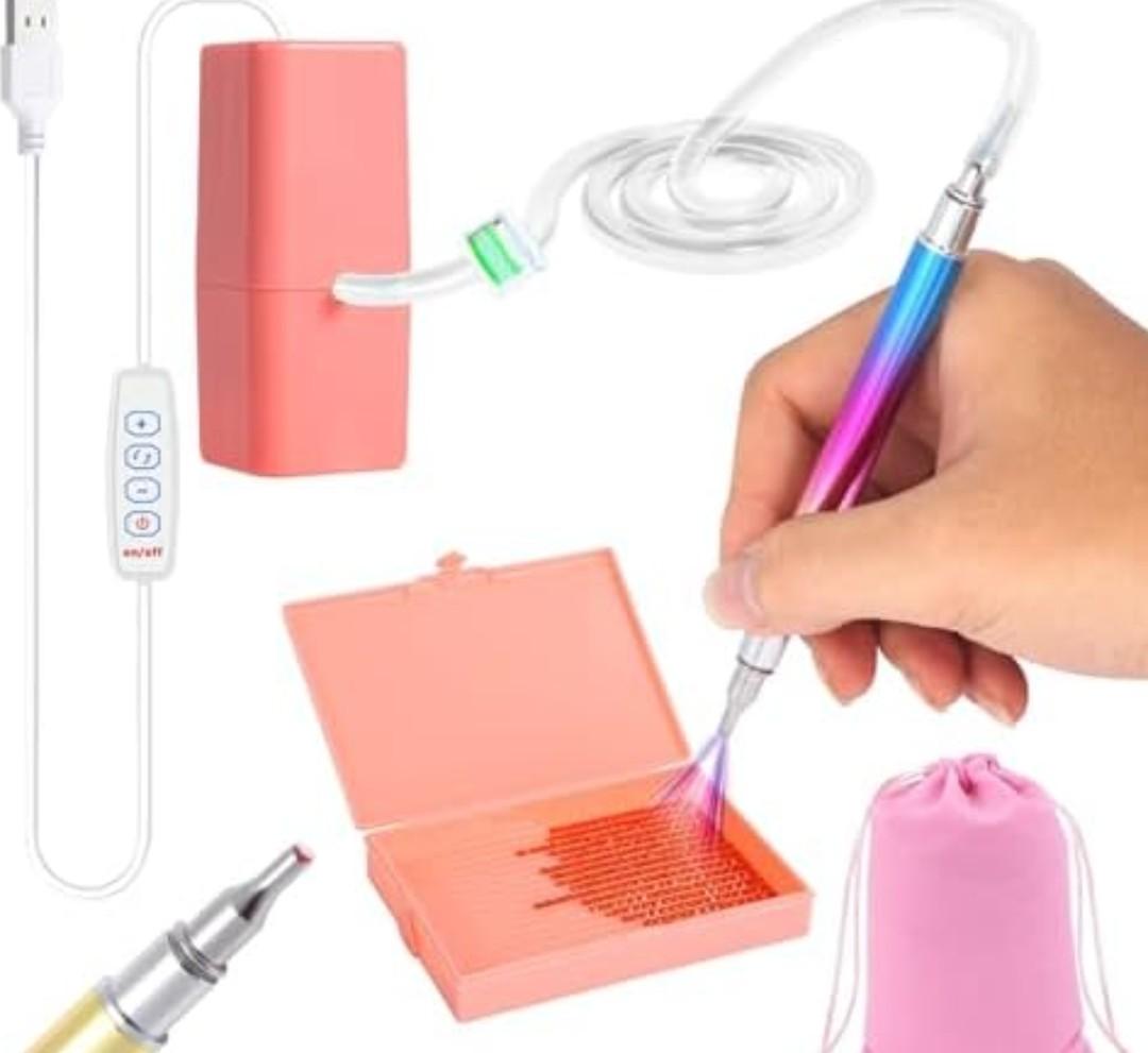 Electric Diamond Art Painting Pen with Storage Tray,Vacuum Diamond Art Pen No Wax Needed with Adjustable Suction,Accessories Tool for Setting AB Stones, Quiet and Long-Lasting (Pink)