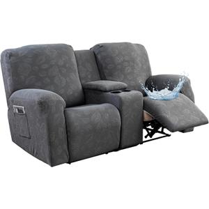 Gennia Waterproof Recliner Loveseat Cover with Console 6 Pieces, Jacquard 2 Seat Recliner Covers with Pockets Stretch Reclining Loveseat Slipcovers Furniture Protector (2 Seat with Console, Dark Gray)