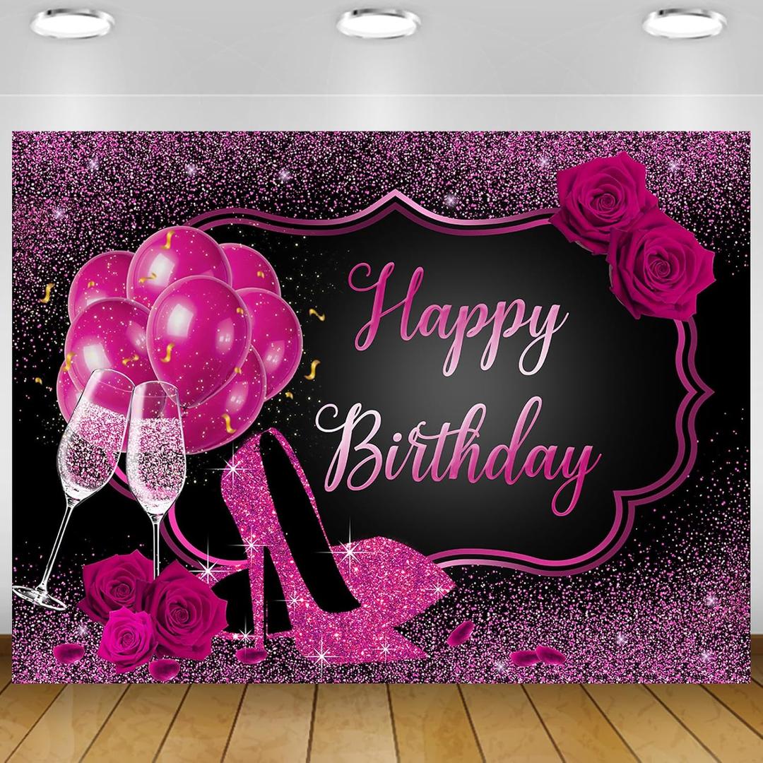 Pink Happy Birthday Backdrop Banner for Women Girls Heels Happy Birthday Banner Pink Rose Champagne Photography Backdrop for Women 18th 30th 40th 50th 70th Party Decorations 7x5Ft (82x59 inch)