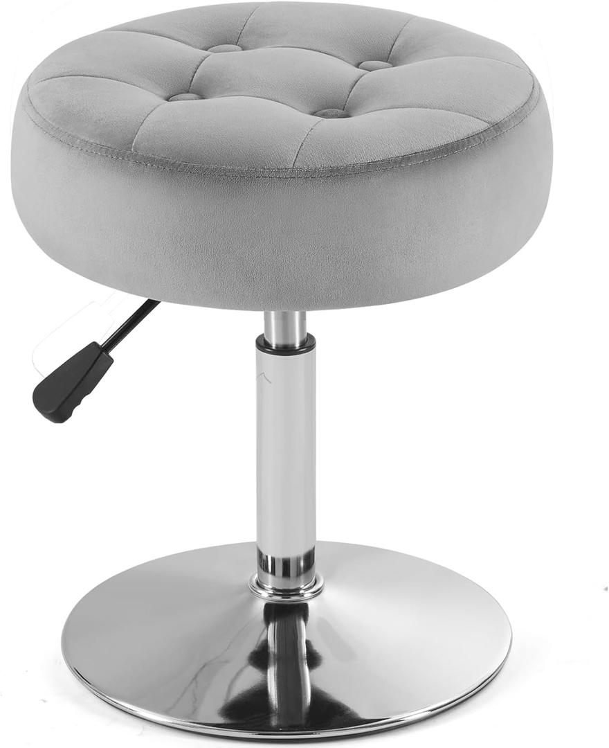 Gray Vanity Chair for Makeup Room Vanity Stool for Makeup Room Round Velvet Tufted Makeup Chair Vanity Stools for Bathroom Height Adjustable 360 Swivel