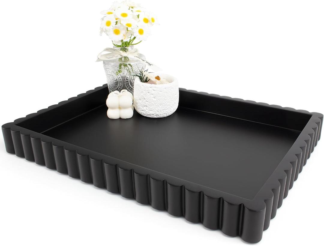 YMXYJM-Scalloped Coffee Table TrayOttoman Tray for Modern Home Decor. 14" Decorative Tray for Entryway Table Decor, Living Room Table Decor, Coffee Table Centerpiece - Black Resin