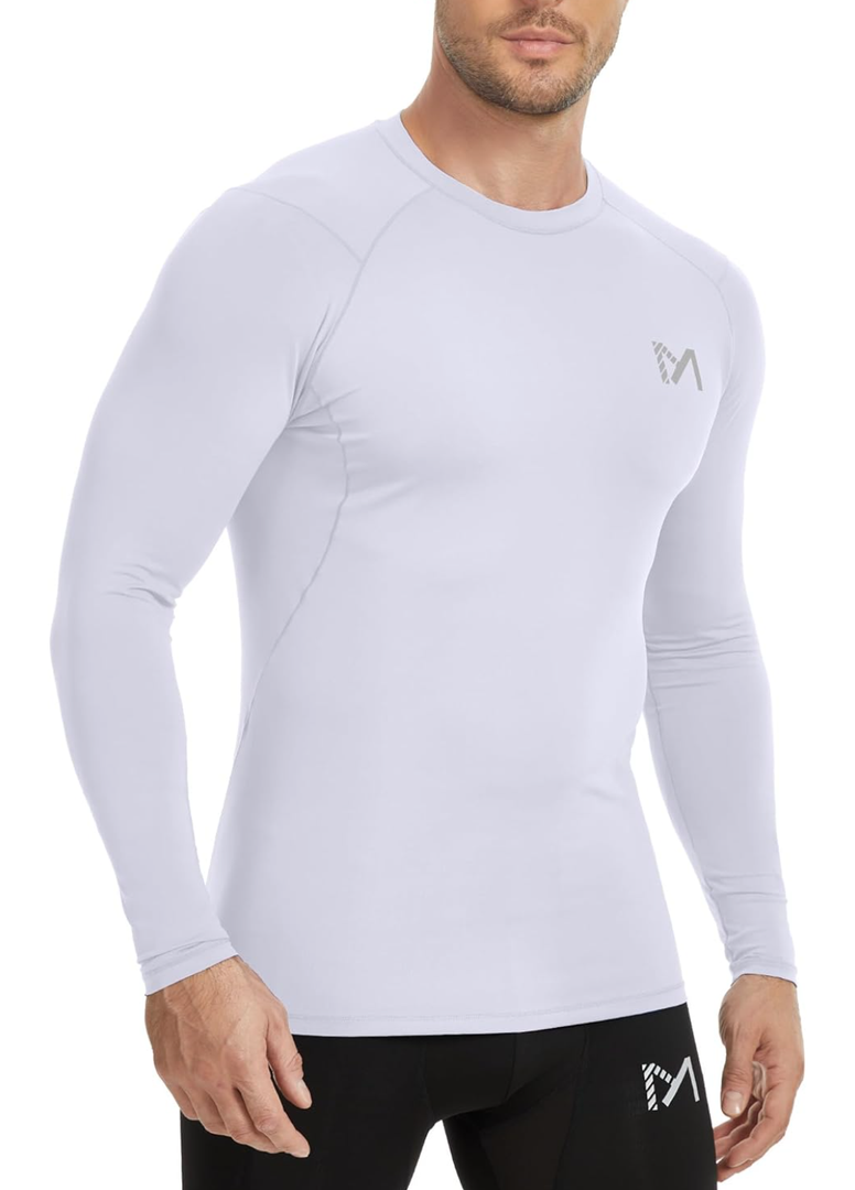 Compression White Shirt for Men Long Sleeve Athletic Workout Base Layer UPF 50 Sun Protect Shirts M