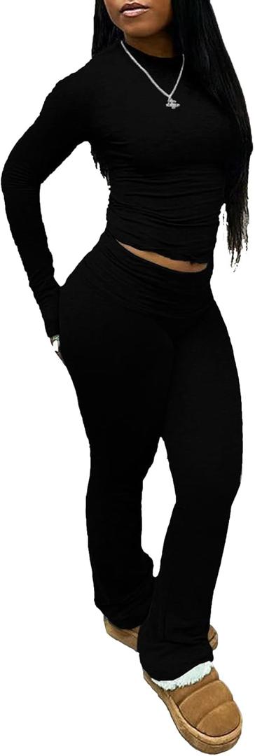 Women's 2 Piece Lounge Sets Crop High Wasit Foldover Flare Leggings Pants Casual Workout Outfits Tracksuit (Medium, Black)