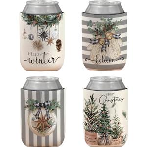 4 Pack Retro Christmas Winter Reusable Neoprene Insulator Cup Sleeve for Cold Hot Drinks, Hello Winter Merry Christmas Gloves Botanical Neutral Can Drink Cooler Sleeves Gifts for Women Girls