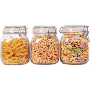 ComSaf Airtight Glass Canister Set of 3 with Lids 34oz Food Storage Jar Square - Storage Container with Clear Preserving Seal Wire Clip Fastening for Kitchen Canning Cereal,Pasta,Sugar,Beans,Spice