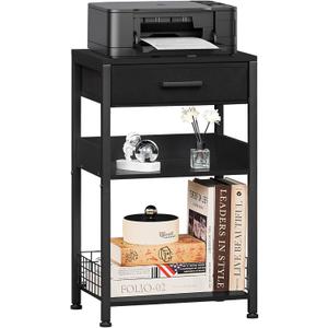 Lerliuo Pure Black Printer Table with Fabric Drawer,3 Tier Industrial Wood Printer Stand with Storage Shelf,Modern Tall End Table,Nightstand,Bed Side Tables for Scanner Fax Home Office Small Spaces
