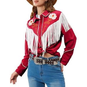 JOHN MOON Women's Floral Embroidered Fringe Western Shirts Rodeo Cowgirl Button Down Blouse Tops Country Style Outfits Size XXL
