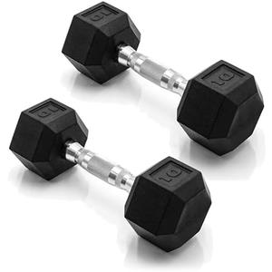 CAP Rubber Coated Dumbbell Weights, Free Weights for Home Gym Strength Training, Anti-Roll Hex Dumbbells with Black, Chrome & Comfort Grip Handles, 10LBs Pairs & Sets
