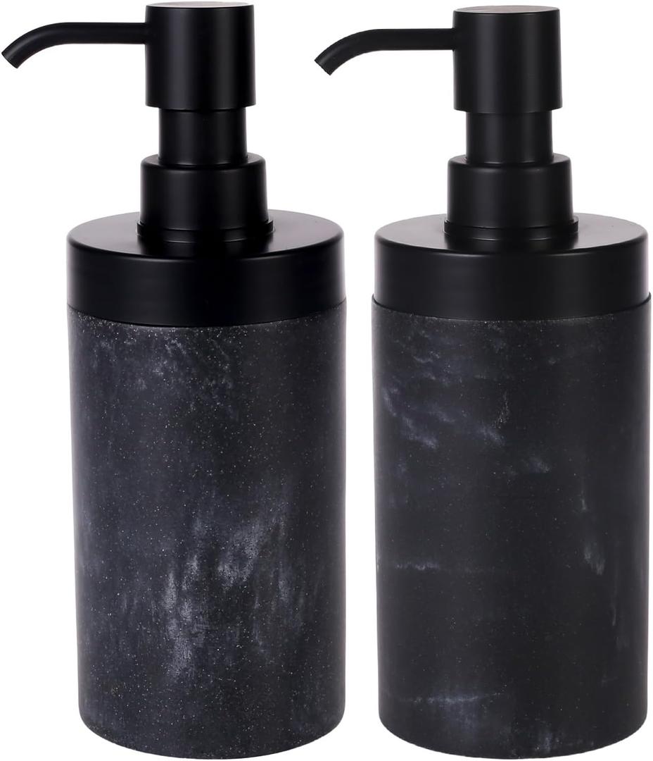 2 Pcs Soap Dispenser Set Black Marble Style for Bathroom or Kitchen Decor, Large-Opening Liquid Hand and Dish Soap Bottles with Rust-Proof Lid& Pump Easy Refill-10oz, Sturdy Resin,Classic& Elegant
