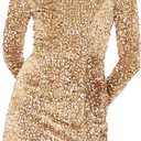 R.Vivimos Women's Sequin Bodycon Dress Fall Winter Velvet Warm Long Sleeve Crew Neck Sexy Backless Glitter Slit Mini Dress (Champagne)