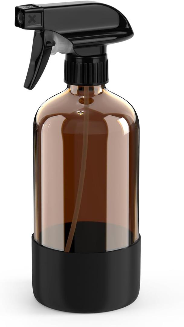 Bontip Amber Glass Spray Bottle with Silicone Sleeve Protection, 16 oz Refillable Spray Bottles for Cleaning Solutions, Plants, Aromatherapy, Facial Hydration (1, Black, 16 oz)