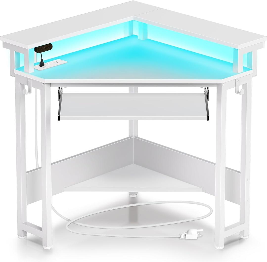 Rolanstar Corner Desk, 44.5" W x 34.5" H Small Computer Desk with Power Outlets, Gaming Desks with LED Lights, Triangle Corner Table with Keyboard Tray & Monitor Stand for Small Space, White