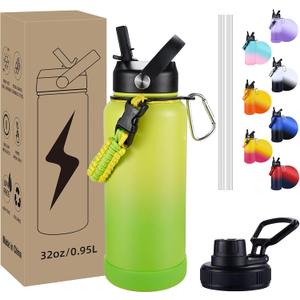 Insulated Water Bottle, 32 oz Stainless Steel Wide Mouth Water Bottles with 2 Leak Proof Lid and Paracord Handle, Double Wall Vacuum Insulated Sports Water Bottle, Gradient Green