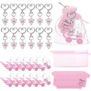 49 Pcs Baby Shower Party Favors Including Angel Keychains Baby Carriage Shaped Candy Boxes Thank You Card Organza Bag Guests Gift for Baby Shower Birthday Party Return Gift (Pink)