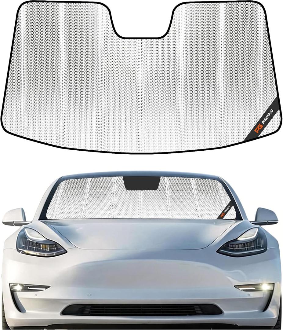 Windshield Sun Shade for Tesla Model 3 2018-2025, Tesla Model Y 2020-2026. Reflective Aluminum Film Front Window Sunshade - BLAZBLOCK