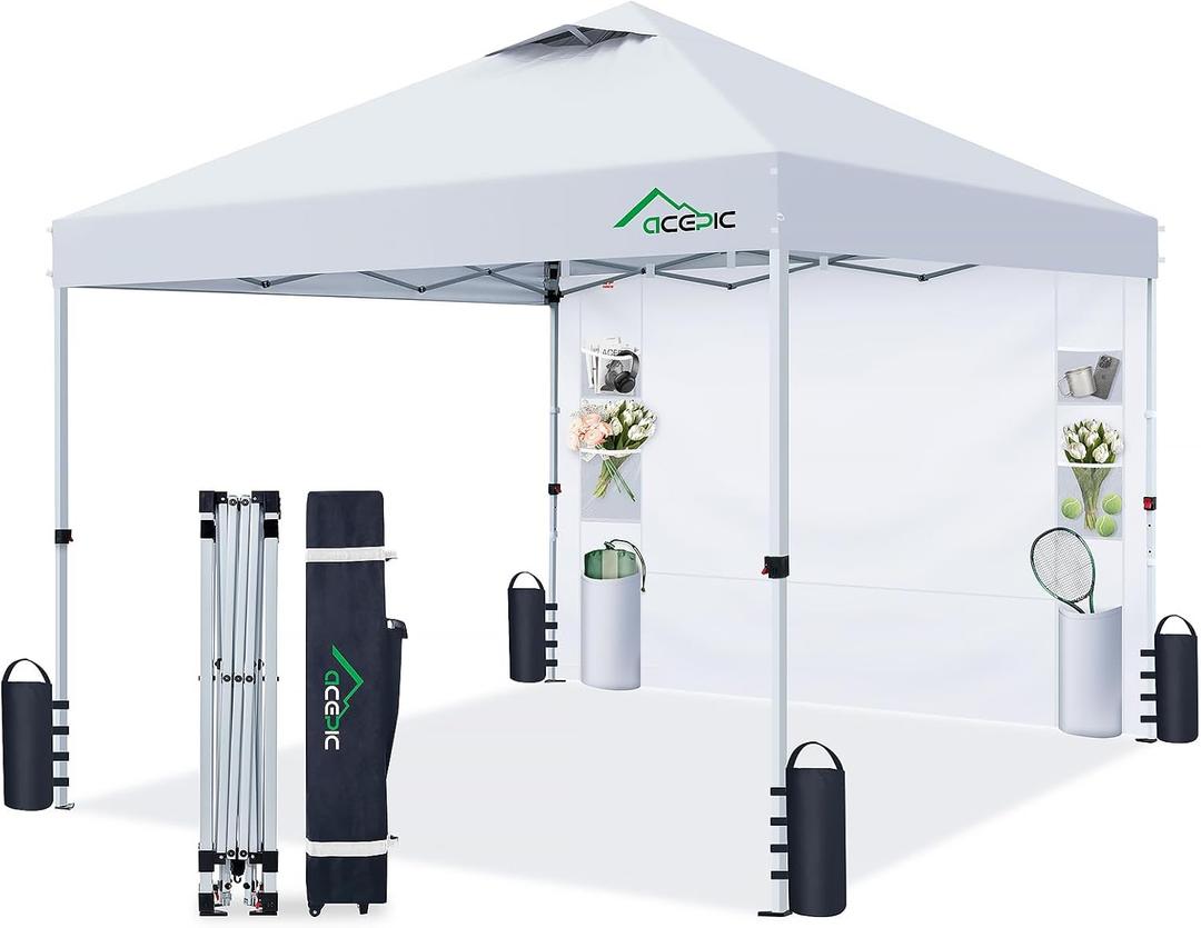 Acepic 10x10 Pop Up Canopy Tent with Sidewall & 6 Pockets,White,10 * 10 pro