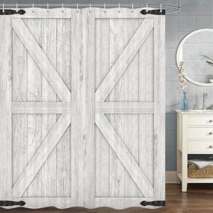 Barn Door Shower Curtain, Rustic Vintage Farmhouse Design Western Shower Curtain Country Barn Door Bath Curtains with Hooks, 72X72 Inch, Beige
