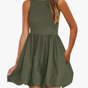 PRETTYGARDEN Summer Dresses for Women 2025 Casual Sleeveless Crew Neck Tank Mini Short Dress Bubble Sundress with Pockets Green M