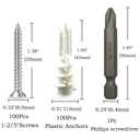 200Pcs Drywall Anchors and Screws Kit, 100Pcs Self-Drilling Plastic Wall Anchors with 100Pcs #8 Phillips Screws & PH2 Bit, Heavy Duty Anchors for Hanging Pictures, Shelves, Home Mounting