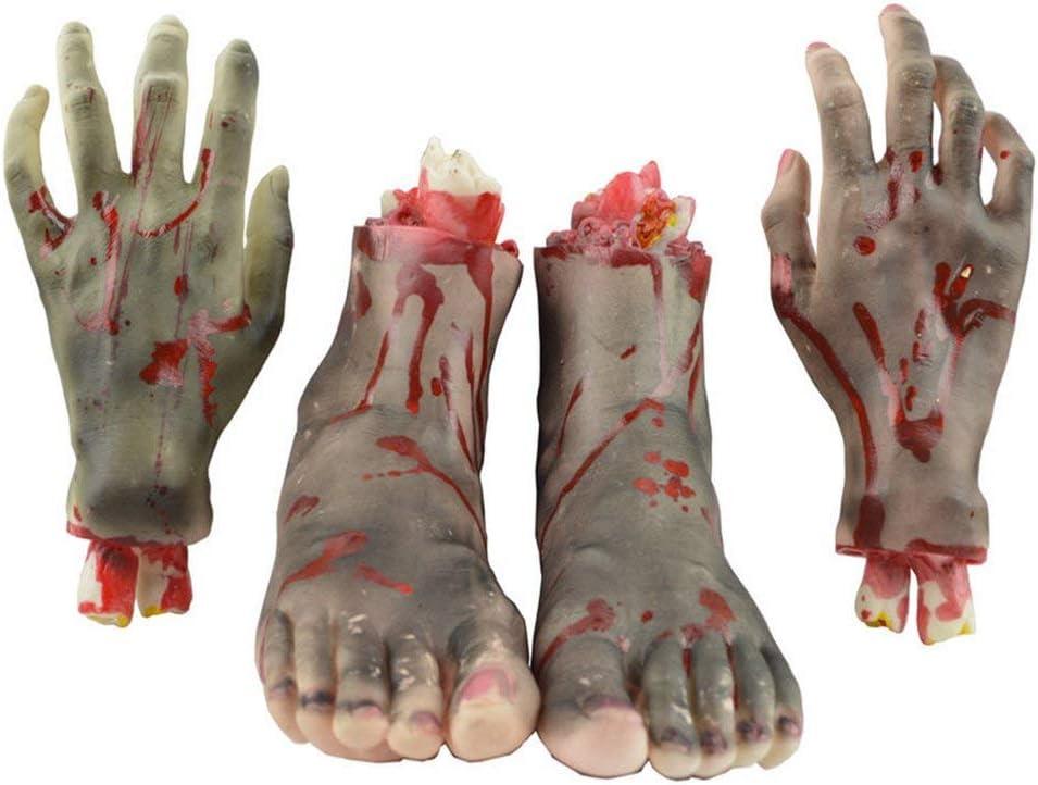4pcs Halloween Bloody Decoration Haunted House Scary Fake Bloody Broken Severed Hands and Foot Body Prank Party Props