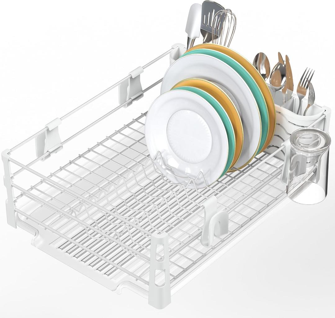 Simple Houseware White Dish Drying Rack with Drainboard, Utensil Holder & Mug Hooks Metal Kitchen Counter Organizer