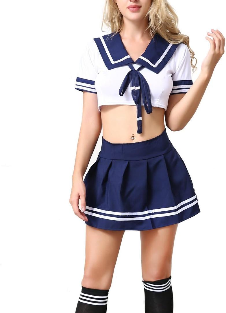 ANJAYLIA Women Lingerie Schoolgirls Outfit Lingerie Roleplay Cosplay Sailor Costumes with Socks (Blue), One size
