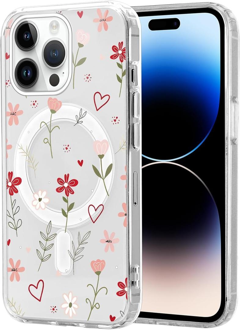 Cute Red Flower Phone Case for iPhone 14 Pro Max Clear Magnetic Case 6.7", Compatible with MagSafe, Aesthetic Floral Heart Pattern Cover Slim Soft TPU Shockproof Protective for Women Girls