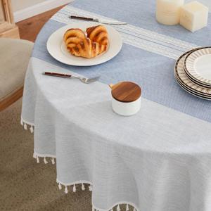 ZeeMart Contrast Linen Round Tablecloth 52 Inch Mid-Stripe Blue, Farmhouse Style Round Table Cloth Heavy Weight Dusty Blue Tablecloths, Water Resistant Burlap Table Cloths