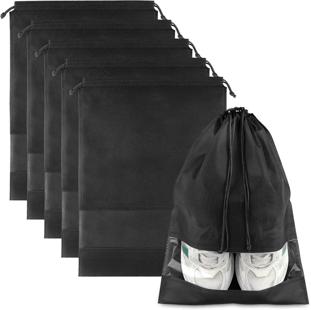 Large Black Travel Shoe Bags - 5 Pcs with Clear Window, Non-Woven Drawstring, 12.6" X 17.3" for Men Women