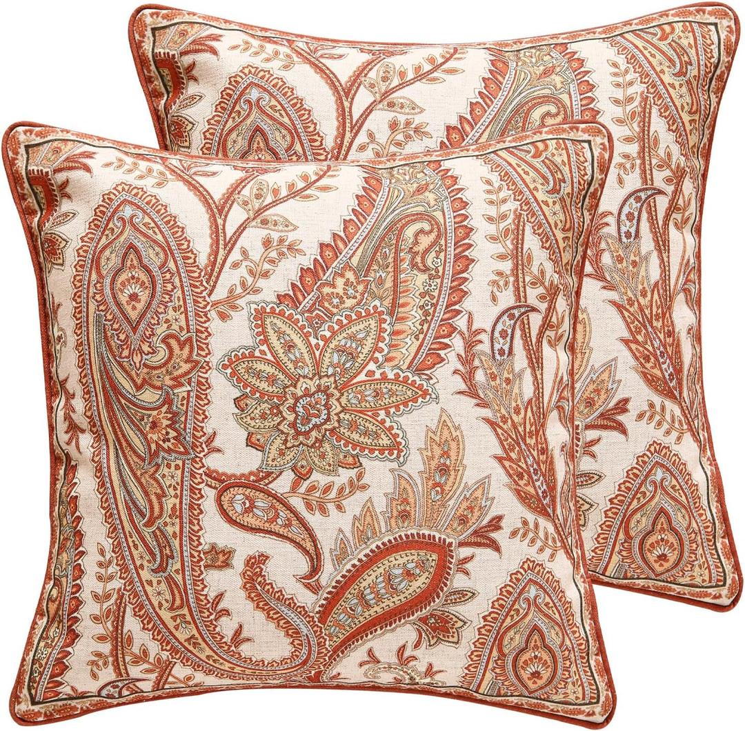 ISAENNE Design Linen Classic Vintage Throw Pillow Covers 18"x18" Pack of 2, Square Cushion Covers with Orange Yellow Paisley Style Pattern Decoration Pillowcases for Bed,Living Room,Outdoor,Car