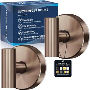 Suction Cup Hooks for Shower,Heavy Duty Shower Towel Suction Hooks,No Drill Wall Mounted Towel Hooks for Bathrooms Wall,Kitchen,Glass,Mirror,Tile to Hang Towels,Robes,Coat-Champagne Bronze(2 Pack)