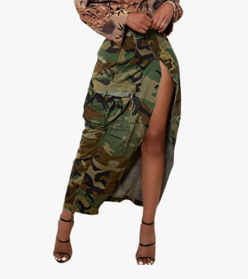 BIUPOS Women Midi Skirt Camo Skirt Cargo Skirt for Women Sexy High Split Skirt Maxi Skirts Army Fatigue Skirts Denim Skirt XXL