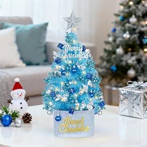 BLOSMON Small Blue Christmas Tree: 2ft Tabletop Mini Christmas Tree with Lights Timer for DIY Decor - Xmas Trees with 50 LEDs 56 Ornaments for Kids Indoor Table Room Home Office
