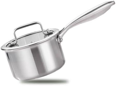 MOUTIUS 1 Quart Triple Stainless Steel Saucepan with Lid, Ramen Pot with Clear Glass Cover, Small Sauce Pan for Cooking Oatmeal, Induction-Ready, Dishwasher-Safe, Suitable for All Stoves