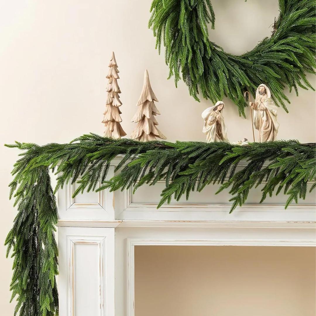 Artificial Norfolk Pine Garlands, 2 Pcs 6 Ft Real Touch Garlands, Winter Green Greenery Christmas Garlands for Mantle, Table, Wall, Outdoor, Indoor Christmas Decorations (6 FT, 2)