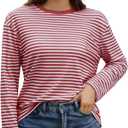 Gardenwed Long Sleeve Shirts for Women Striped Crewneck Loose Fit Basic Tops 2025 Fall T-Shirt (Red, S)